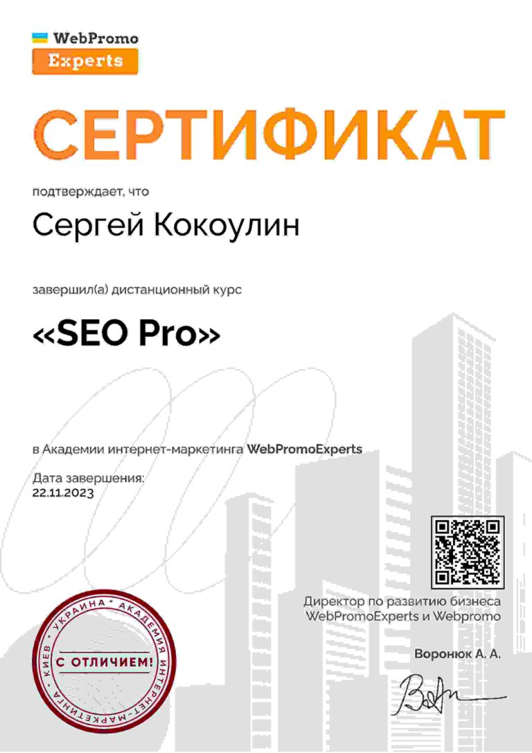 Кокоулин Сергей Сертификат СЕО ПРО WebPromo Experts